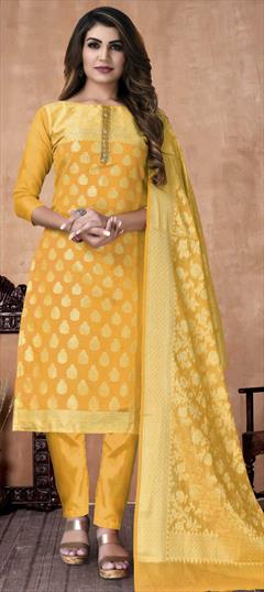 Festive, Party Wear Yellow color Salwar Kameez in Banarasi Silk fabric with Straight Weaving work : 1810449