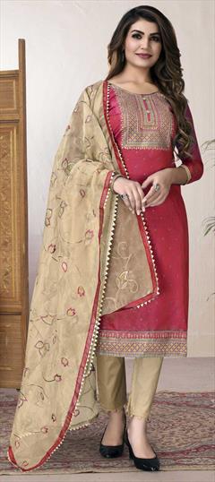 Casual Red and Maroon color Salwar Kameez in Chanderi Silk fabric with Straight Sequence, Thread work : 1810483