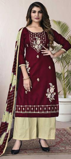 Casual Red and Maroon color Salwar Kameez in Cotton fabric with Palazzo, Straight Embroidered, Sequence, Thread work : 1810488