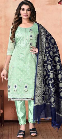 Casual Green color Salwar Kameez in Chanderi Silk fabric with Straight Lace, Sequence, Thread work : 1810505