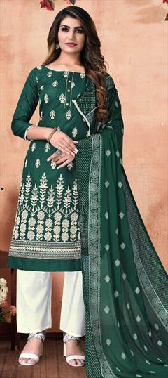 Casual Green color Salwar Kameez in Cotton fabric with Straight Embroidered, Resham, Thread work : 1810509
