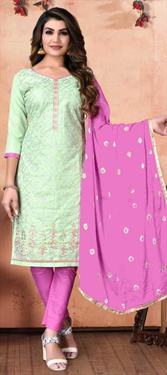Casual Green color Salwar Kameez in Cotton fabric with Straight Embroidered, Resham, Sequence, Thread work : 1810516