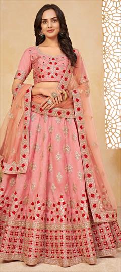 Mehendi Sangeet, Reception Pink and Majenta color Lehenga in Art Silk fabric with A Line Embroidered, Thread, Zari work : 1810527