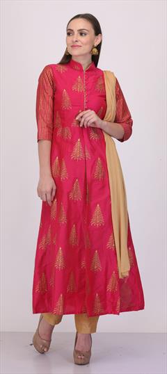 Festive, Party Wear Pink and Majenta color Salwar Kameez in Cotton fabric with A Line Block Print work : 1810531