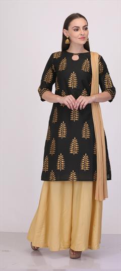 Festive, Party Wear Black and Grey color Salwar Kameez in Cotton fabric with Straight Block Print work : 1810532