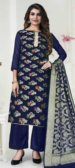 Party Wear Blue color Salwar Kameez in Banarasi Silk fabric with Straight Weaving work : 1810563