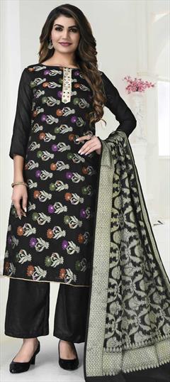 Party Wear Black and Grey color Salwar Kameez in Banarasi Silk fabric with Straight Weaving work : 1810564