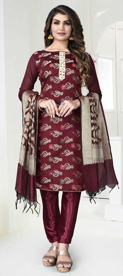 Party Wear Red and Maroon color Salwar Kameez in Banarasi Silk fabric with Straight Weaving work : 1810566