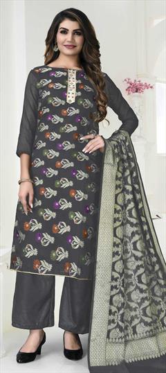 Party Wear Black and Grey color Salwar Kameez in Banarasi Silk fabric with Straight Weaving work : 1810567