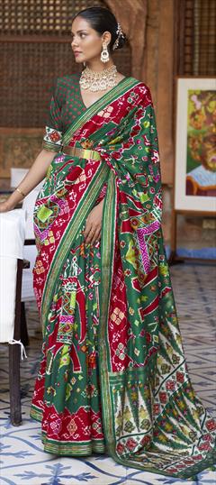Traditional, Wedding Green, Red and Maroon color Saree in Patola Silk, Silk fabric with South Printed work : 1810679