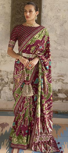 Traditional, Wedding Green, Red and Maroon color Saree in Patola Silk, Silk fabric with South Printed work : 1810680