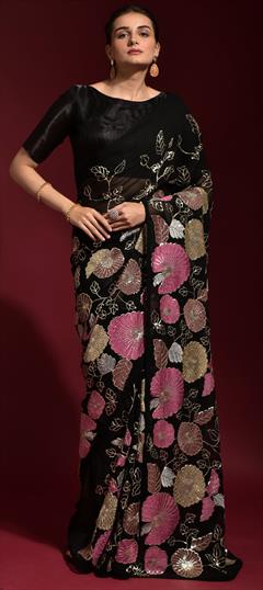 Party Wear Black and Grey color Saree in Georgette fabric with Classic Embroidered, Sequence, Thread work : 1810833