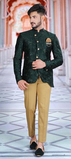 Green color Jodhpuri Suit in Art Silk fabric with Broches, Sequence, Thread work : 1810838