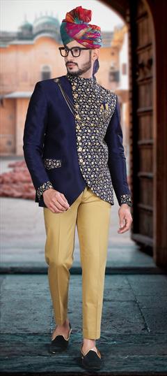 Blue color Jodhpuri Suit in Art Silk fabric with Broches, Embroidered, Thread, Zari work : 1810839