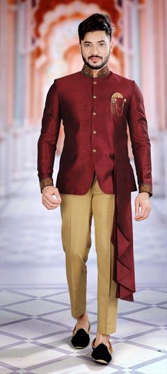 Red and Maroon color Jodhpuri Suit in Art Silk fabric with Broches, Bugle Beads work : 1810841