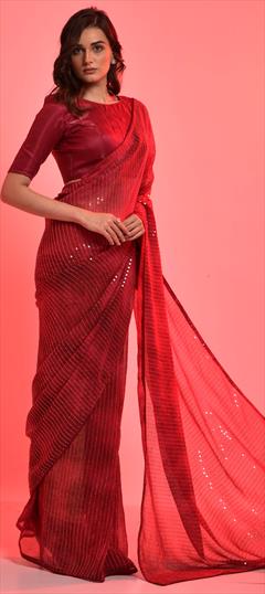 Casual, Festive Red and Maroon color Saree in Chiffon fabric with Classic Embroidered, Printed, Sequence work : 1810863