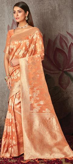 Traditional Orange color Saree in Cotton fabric with Bengali Weaving work : 1810893