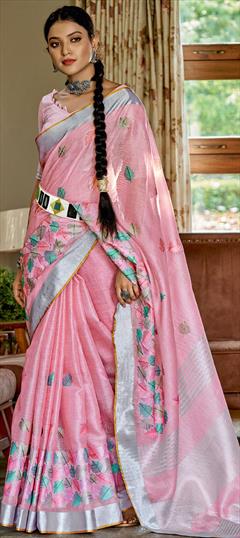 Traditional Pink and Majenta color Saree in Linen fabric with Bengali Resham, Thread work : 1810903