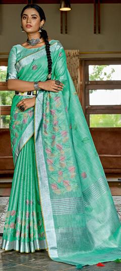 Traditional Green color Saree in Linen fabric with Bengali Resham, Thread work : 1810904