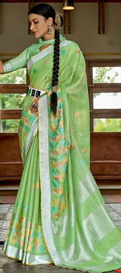 Traditional Green color Saree in Linen fabric with Bengali Resham, Thread work : 1810911