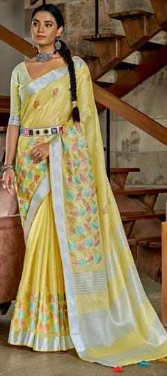 Traditional Yellow color Saree in Linen fabric with Bengali Resham, Thread work : 1810915