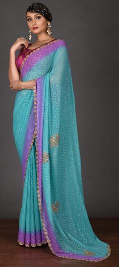 Wedding Blue color Saree in Georgette fabric with Classic Cut Dana, Stone work : 1810959