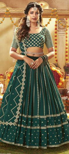 Reception, Wedding Green color Lehenga in Georgette fabric with A Line Embroidered, Sequence, Thread work : 1810995