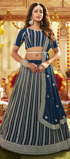 Reception, Wedding Blue color Lehenga in Georgette fabric with A Line Embroidered, Sequence, Thread work : 1810998