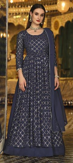 Festive, Reception Blue color Long Lehenga Choli in Georgette fabric with Embroidered, Sequence, Thread work : 1811090