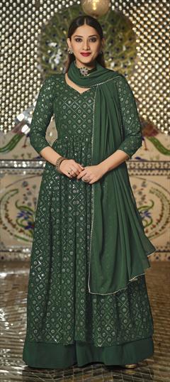 Festive, Reception Green color Long Lehenga Choli in Georgette fabric with Embroidered, Sequence, Thread work : 1811092