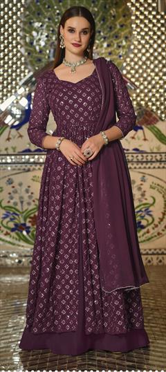 Festive, Reception Purple and Violet color Long Lehenga Choli in Georgette fabric with Embroidered, Sequence, Thread work : 1811093