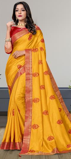 Traditional Yellow color Saree in Art Silk, Silk fabric with South Border, Thread, Zari work : 1811248