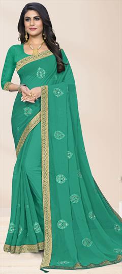 Casual, Party Wear Green color Saree in Chiffon fabric with Classic Border, Stone work : 1811297