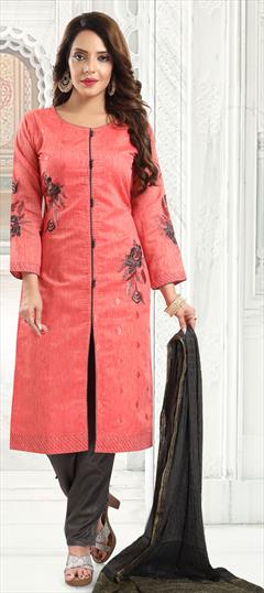 Party Wear Pink and Majenta color Salwar Kameez in Chanderi Silk fabric with Straight Embroidered, Resham, Thread work : 1811502