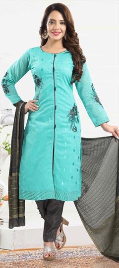 Party Wear Blue color Salwar Kameez in Chanderi Silk fabric with Straight Embroidered, Resham, Thread work : 1811504