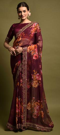 Casual, Party Wear Purple and Violet color Saree in Georgette fabric with Classic Embroidered, Floral, Printed, Sequence work : 1811511