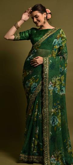 Casual, Party Wear Green color Saree in Georgette fabric with Classic Embroidered, Floral, Printed, Sequence work : 1811514