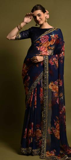 Casual, Party Wear Blue color Saree in Georgette fabric with Classic Embroidered, Floral, Printed, Sequence work : 1811516