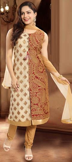 Party Wear Beige and Brown, Red and Maroon color Salwar Kameez in Banarasi Silk fabric with Straight Weaving work : 1811522