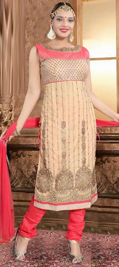 Party Wear Beige and Brown color Salwar Kameez in Net fabric with Straight Embroidered, Stone work : 1811528