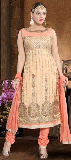 Party Wear Beige and Brown color Salwar Kameez in Net fabric with Churidar, Straight Embroidered, Stone work : 1811530