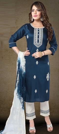 Party Wear Blue color Salwar Kameez in Cotton fabric with Straight Embroidered, Resham, Thread work : 1811538
