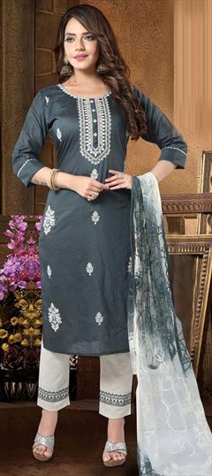 Party Wear Black and Grey color Salwar Kameez in Cotton fabric with Straight Embroidered, Resham, Thread work : 1811544