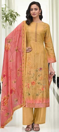 Festive, Party Wear Yellow color Salwar Kameez in Muslin fabric with Straight Digital Print, Embroidered, Floral, Zardozi work : 1811601