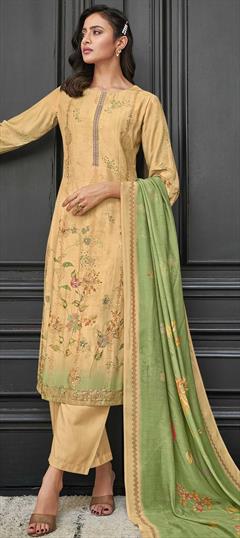 Festive, Party Wear Beige and Brown color Salwar Kameez in Muslin fabric with Straight Digital Print, Embroidered, Floral, Zardozi work : 1811606