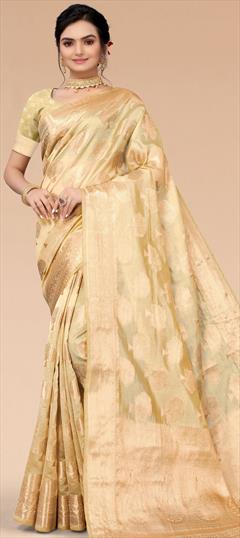 Traditional Beige and Brown color Saree in Organza Silk, Silk fabric with South Weaving work : 1811630