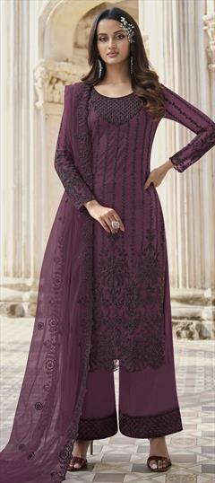 Festive, Party Wear Pink and Majenta color Salwar Kameez in Net fabric with Palazzo, Straight Stone, Thread work : 1811638