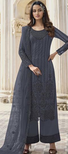 Festive, Party Wear Black and Grey color Salwar Kameez in Net fabric with Palazzo, Straight Stone, Thread work : 1811639
