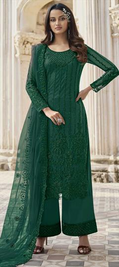 Festive, Party Wear Green color Salwar Kameez in Net fabric with Palazzo, Straight Stone, Thread work : 1811641