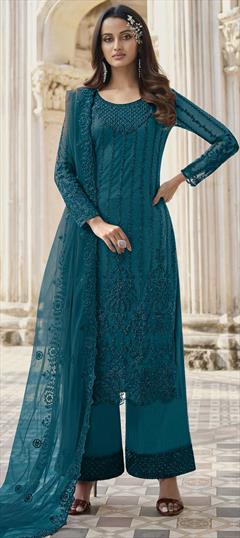 Festive, Party Wear Blue color Salwar Kameez in Net fabric with Palazzo, Straight Stone, Thread work : 1811643